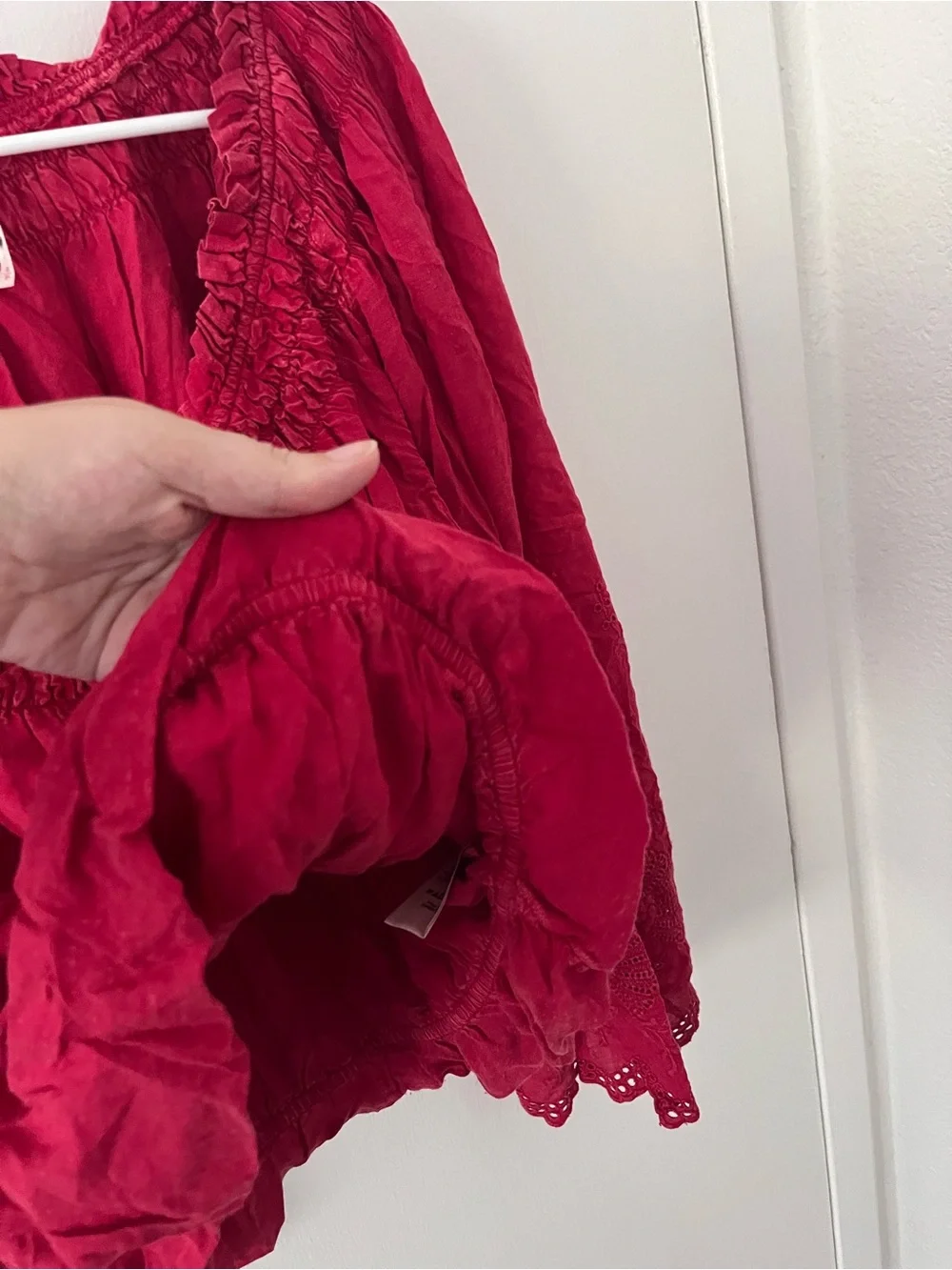 Free People Berry Red Boho Blouse Smocked Neck Embroidered Eyelet Long Sleeve S